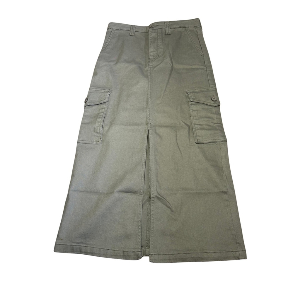 Women's BCBGeneration Cargo Denim maxi skirt front slit pockets M Olive Green